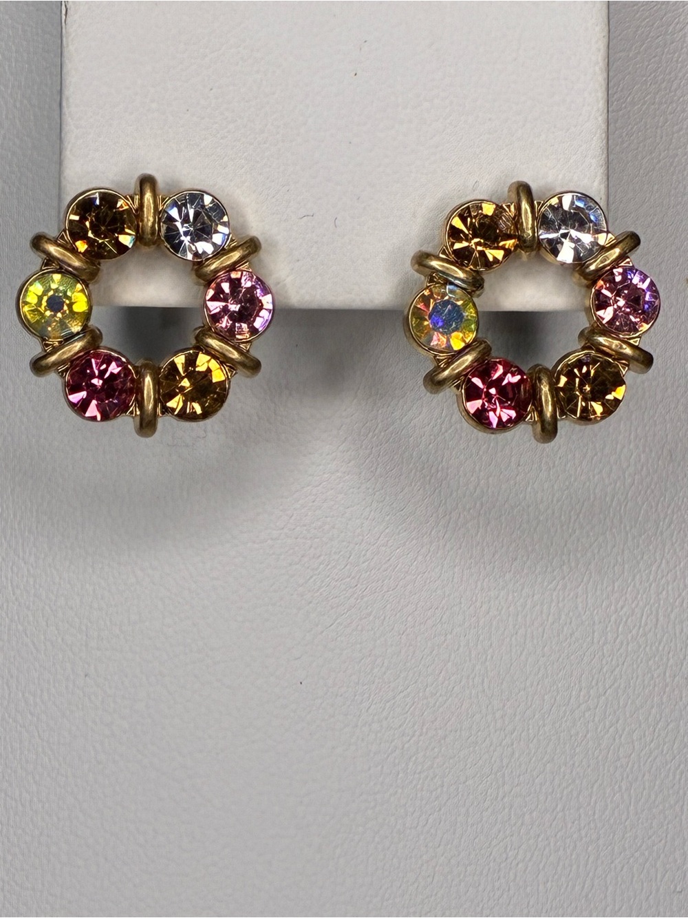 Gold-Tone Multicolor Crystal Circle Stud Earrings - Pink & Yellow Accents